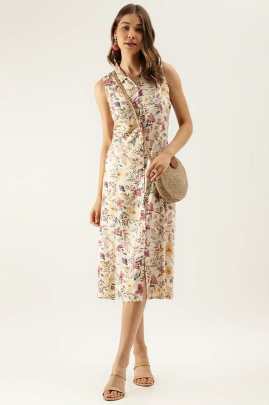 Ivory Botanical Sleeveless A-Line Dress