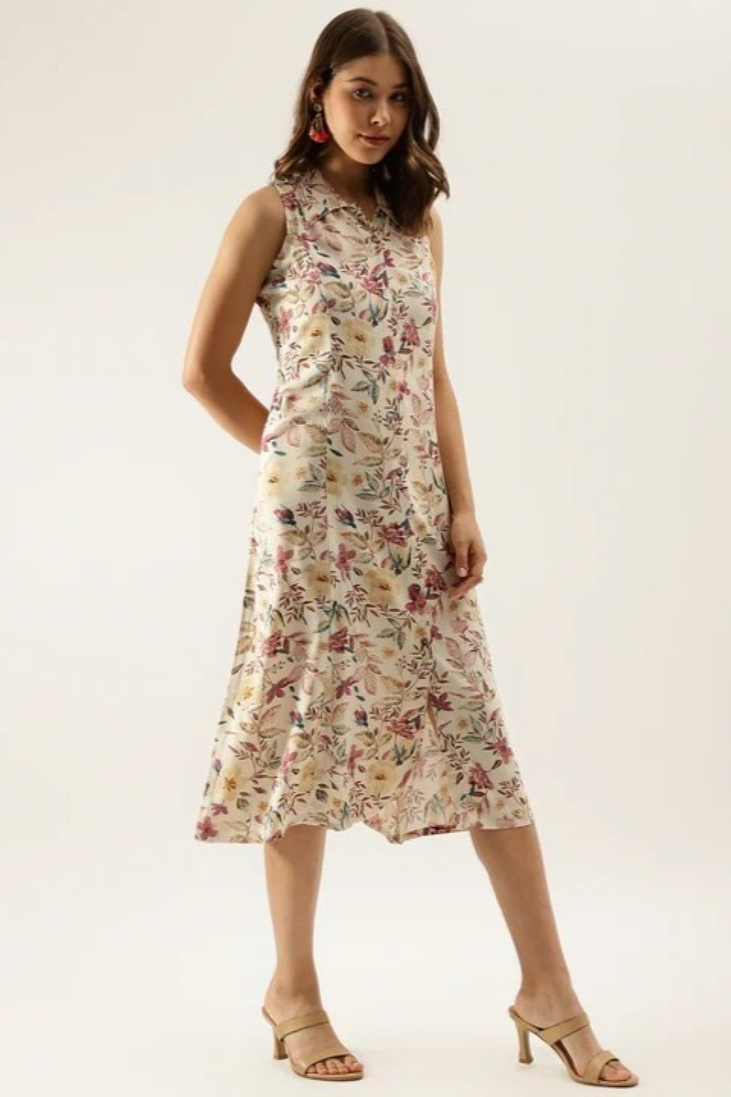 Ivory Botanical Sleeveless A-Line Dress