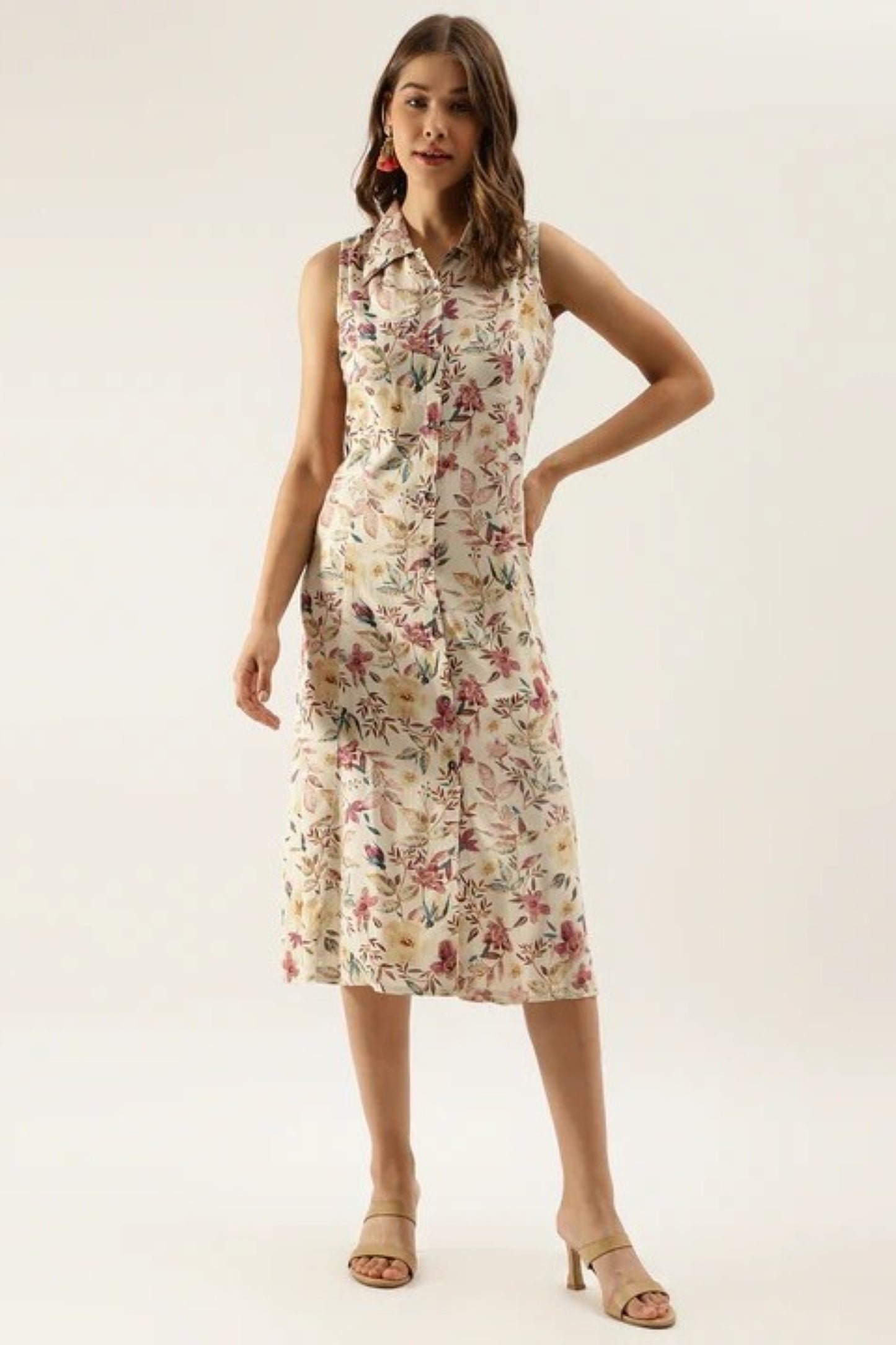 Ivory Botanical Sleeveless A-Line Dress