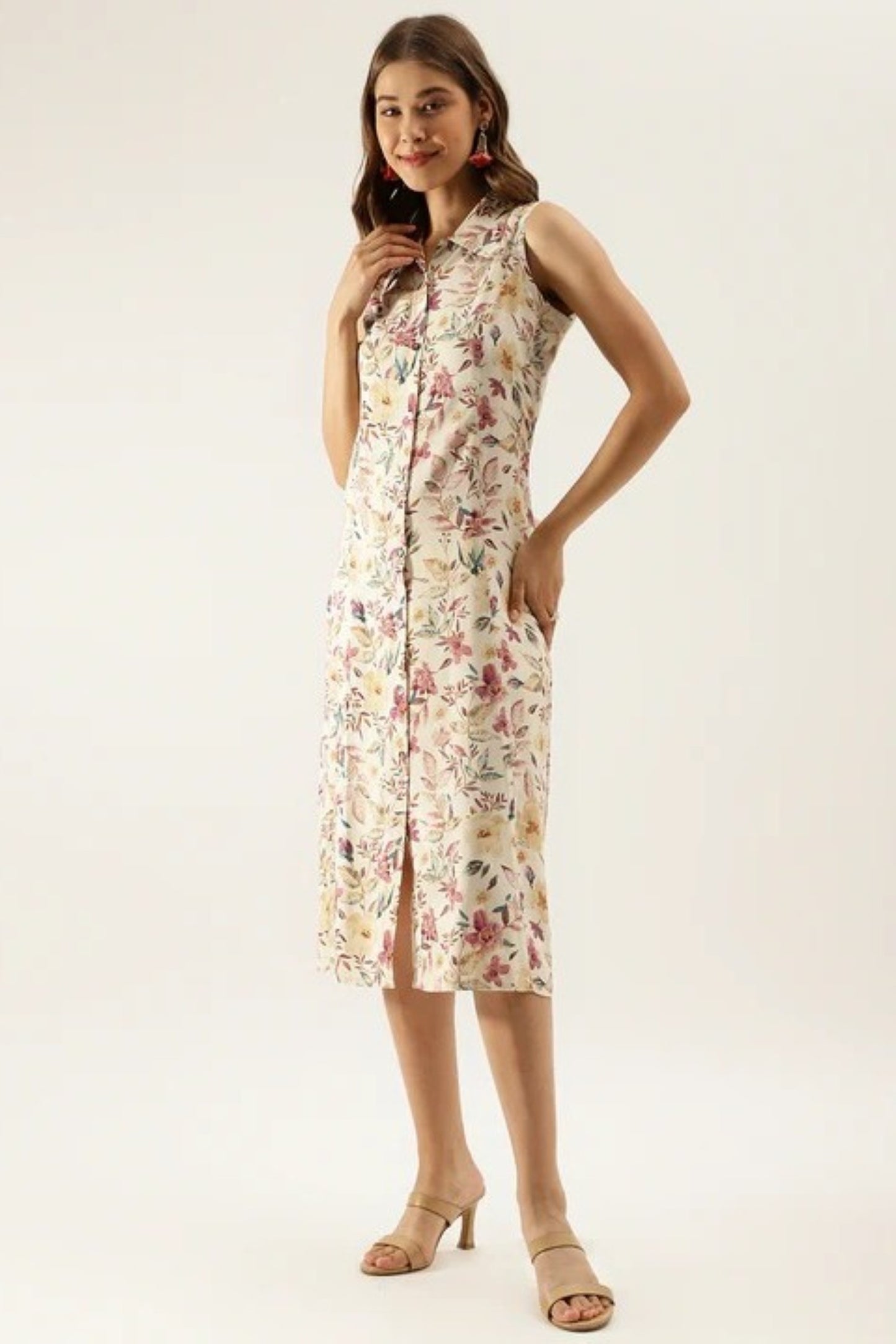 Ivory Botanical Sleeveless A-Line Dress