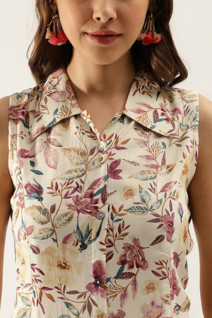 Ivory Botanical Sleeveless A-Line Dress