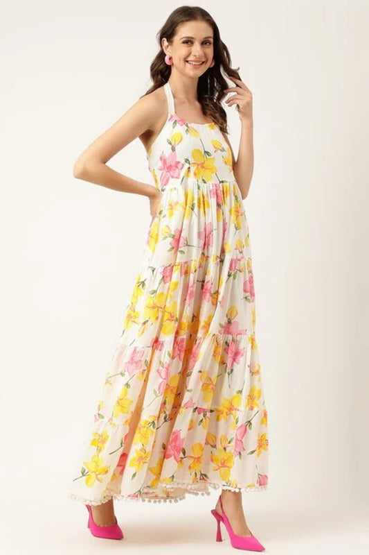 Sunshine Bloom Tiered Halter Maxi Dress