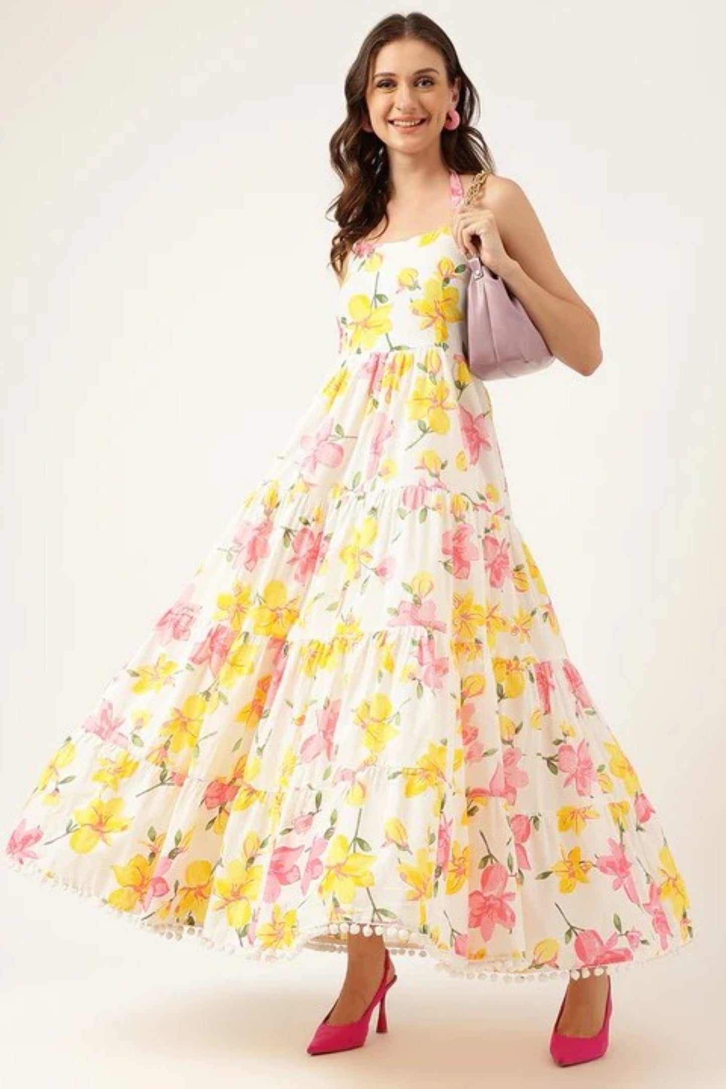 Sunshine Bloom Tiered Halter Maxi Dress