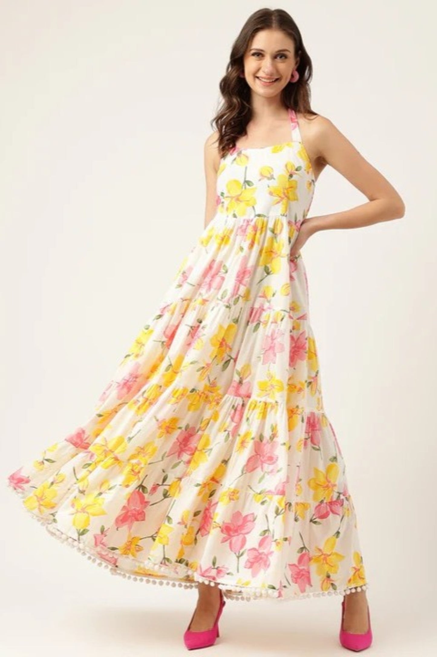 Sunshine Bloom Tiered Halter Maxi Dress