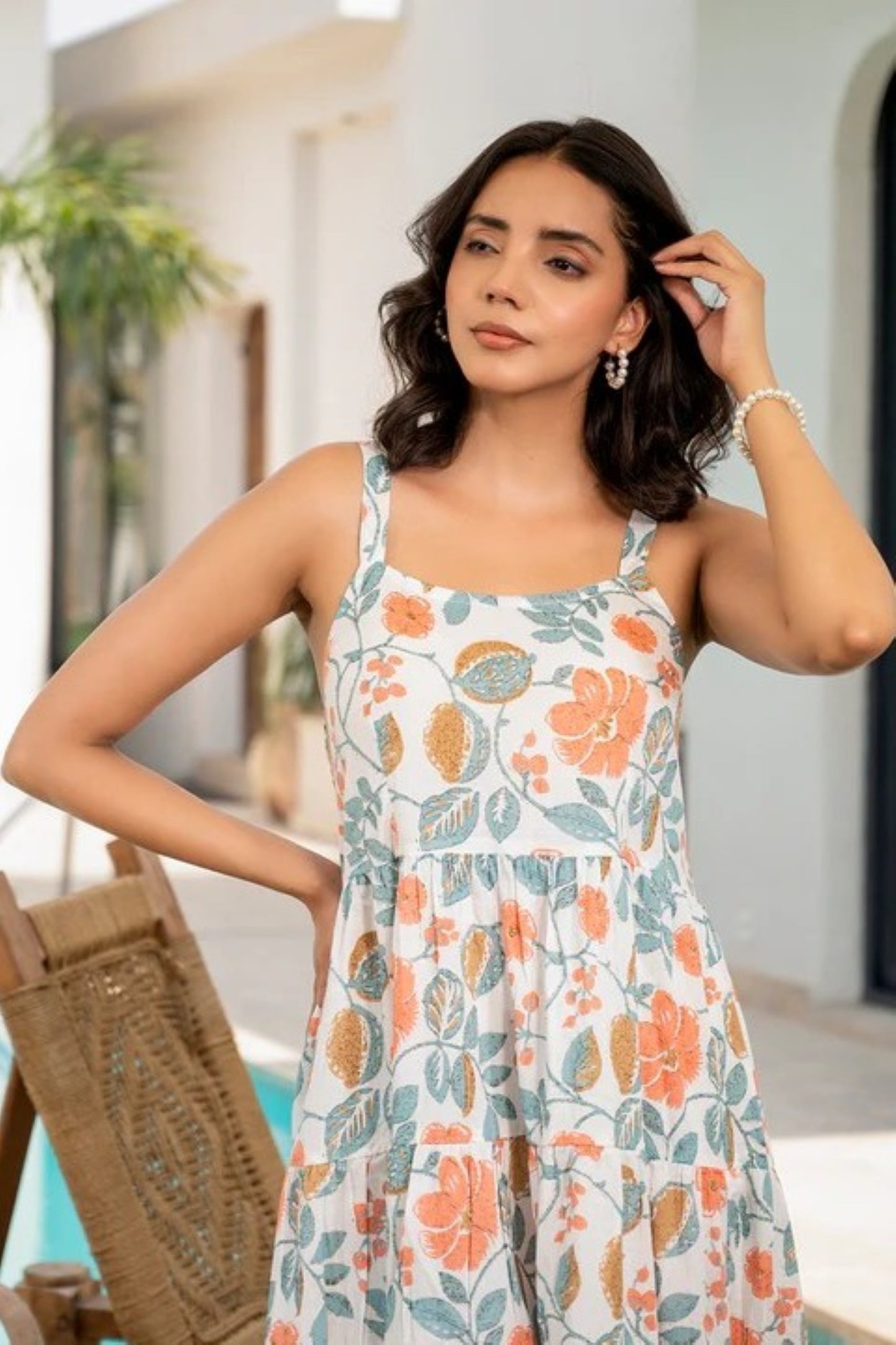 Peach Botanical Pom-Edge Spaghetti Strap Maxi