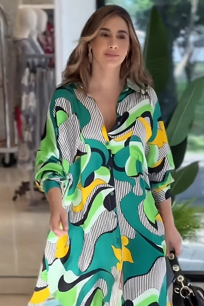Abstract Geometric Print Shirt Dress in Forest Green