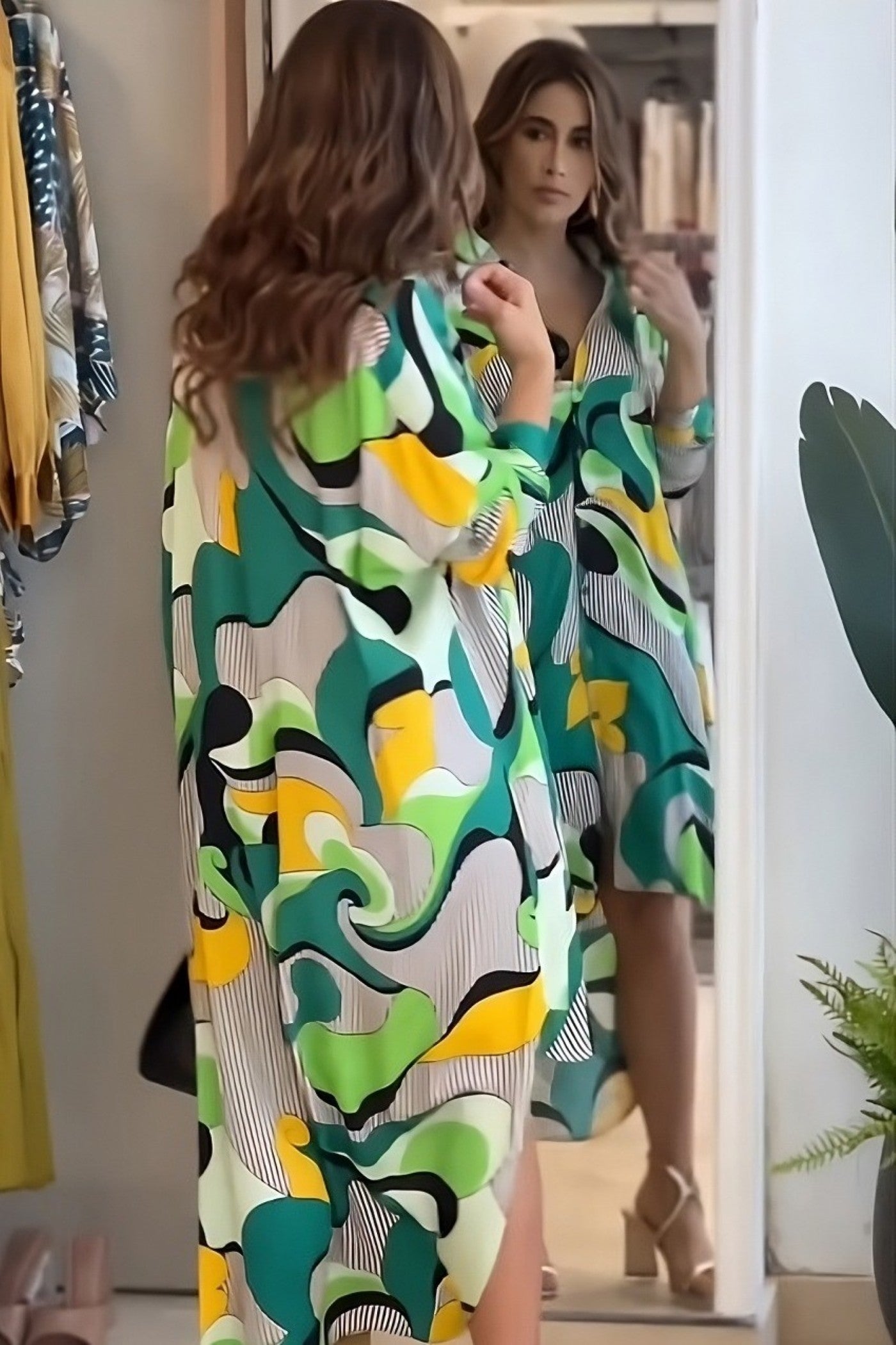 Abstract Geometric Print Shirt Dress in Forest Green