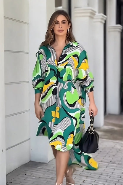 Abstract Geometric Print Shirt Dress in Forest Green