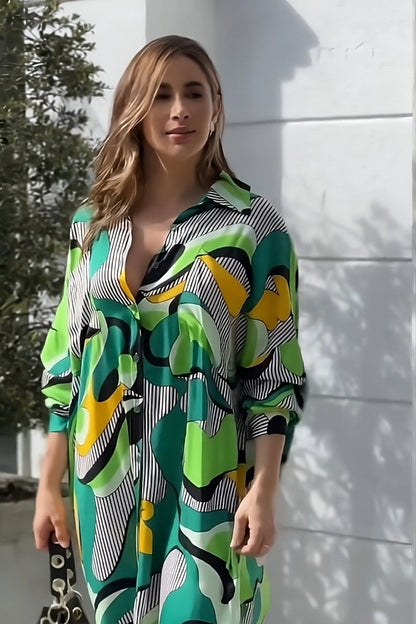 Abstract Geometric Print Shirt Dress in Forest Green