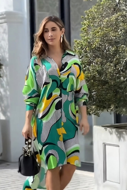 Abstract Geometric Print Shirt Dress in Forest Green