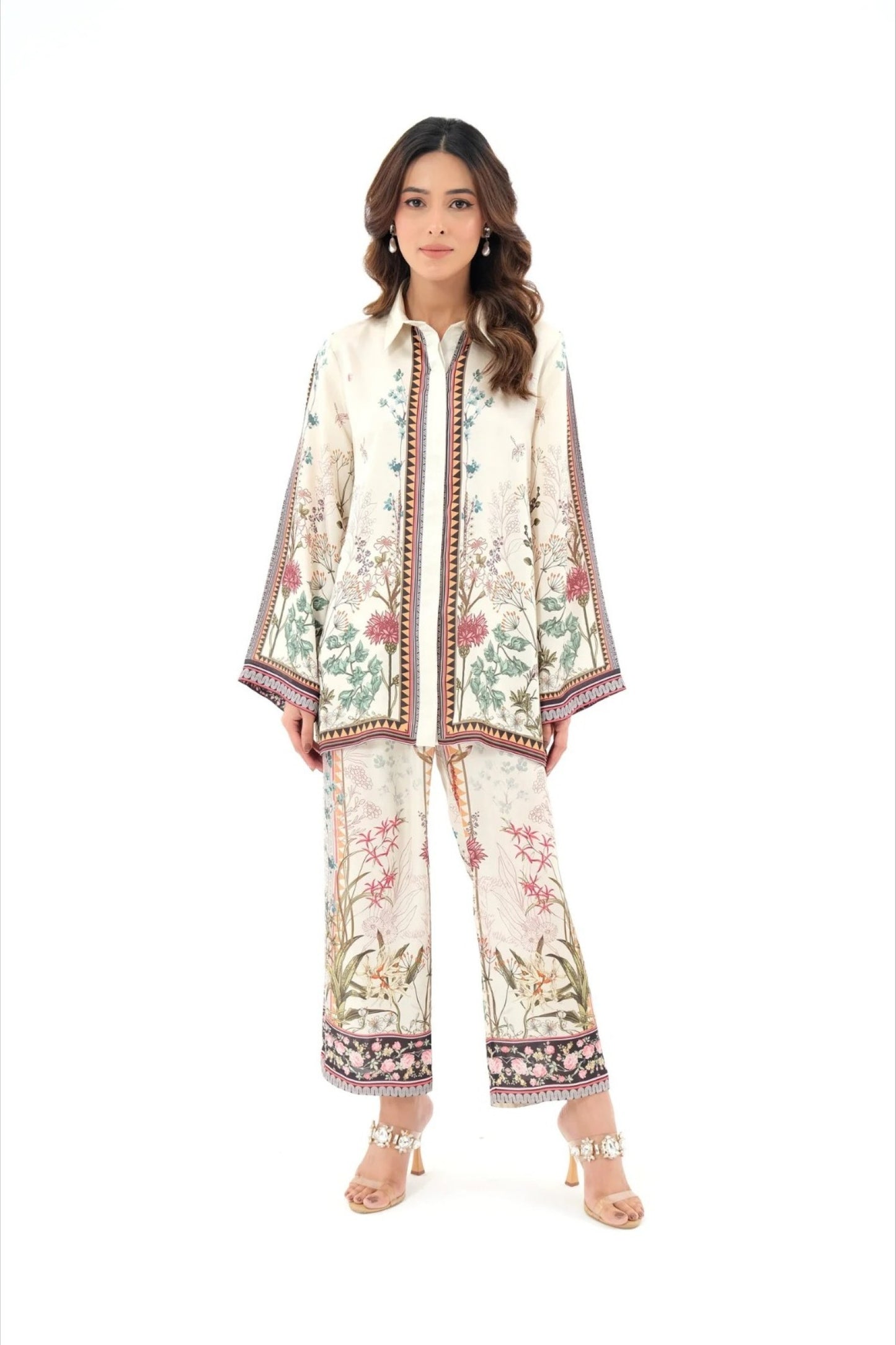 Cream Botanical Medallion Wide-Sleeve Set Co-ord