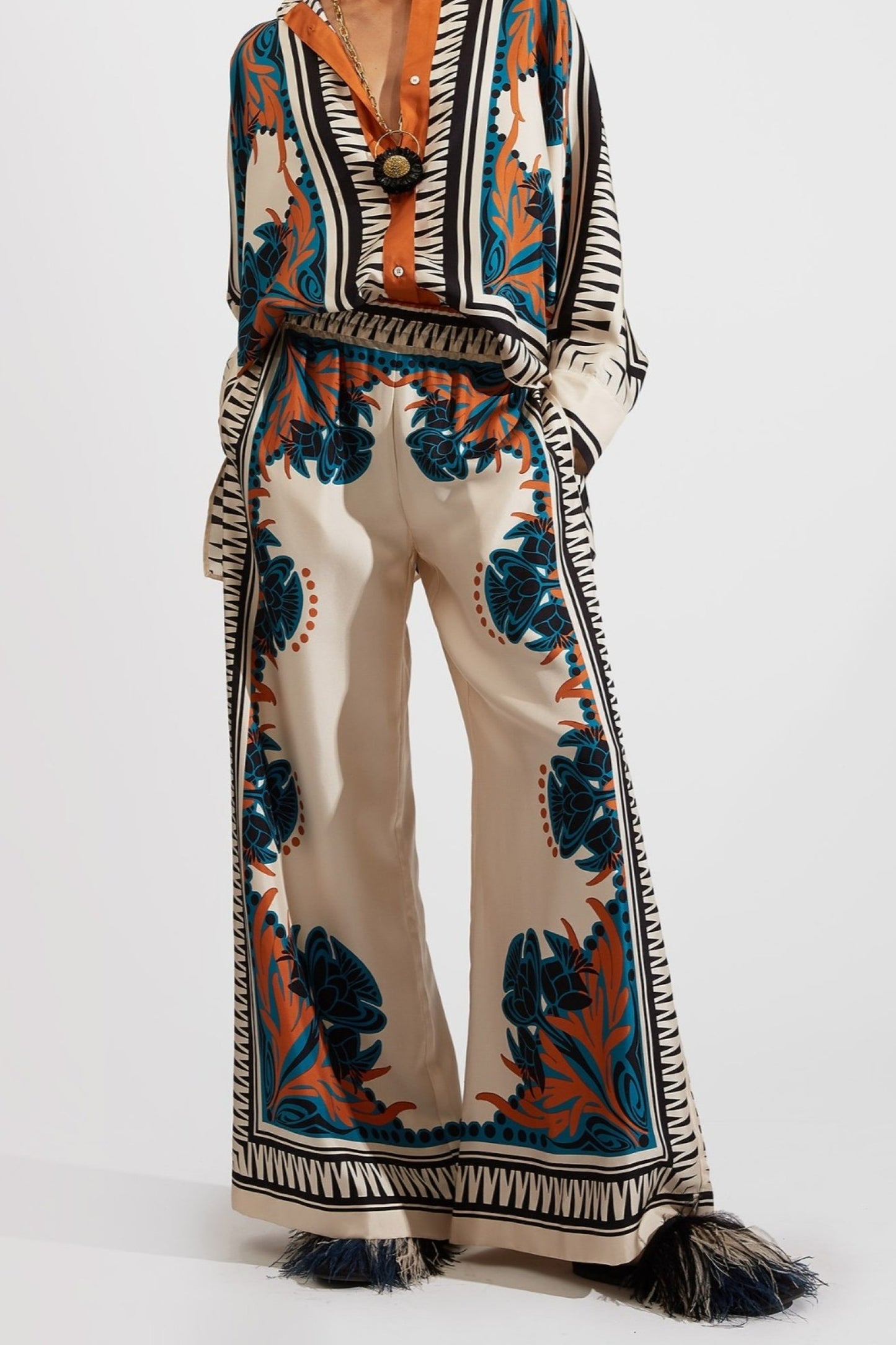 Teal Lotus Kimono Palazzo Ensemble Co-ord