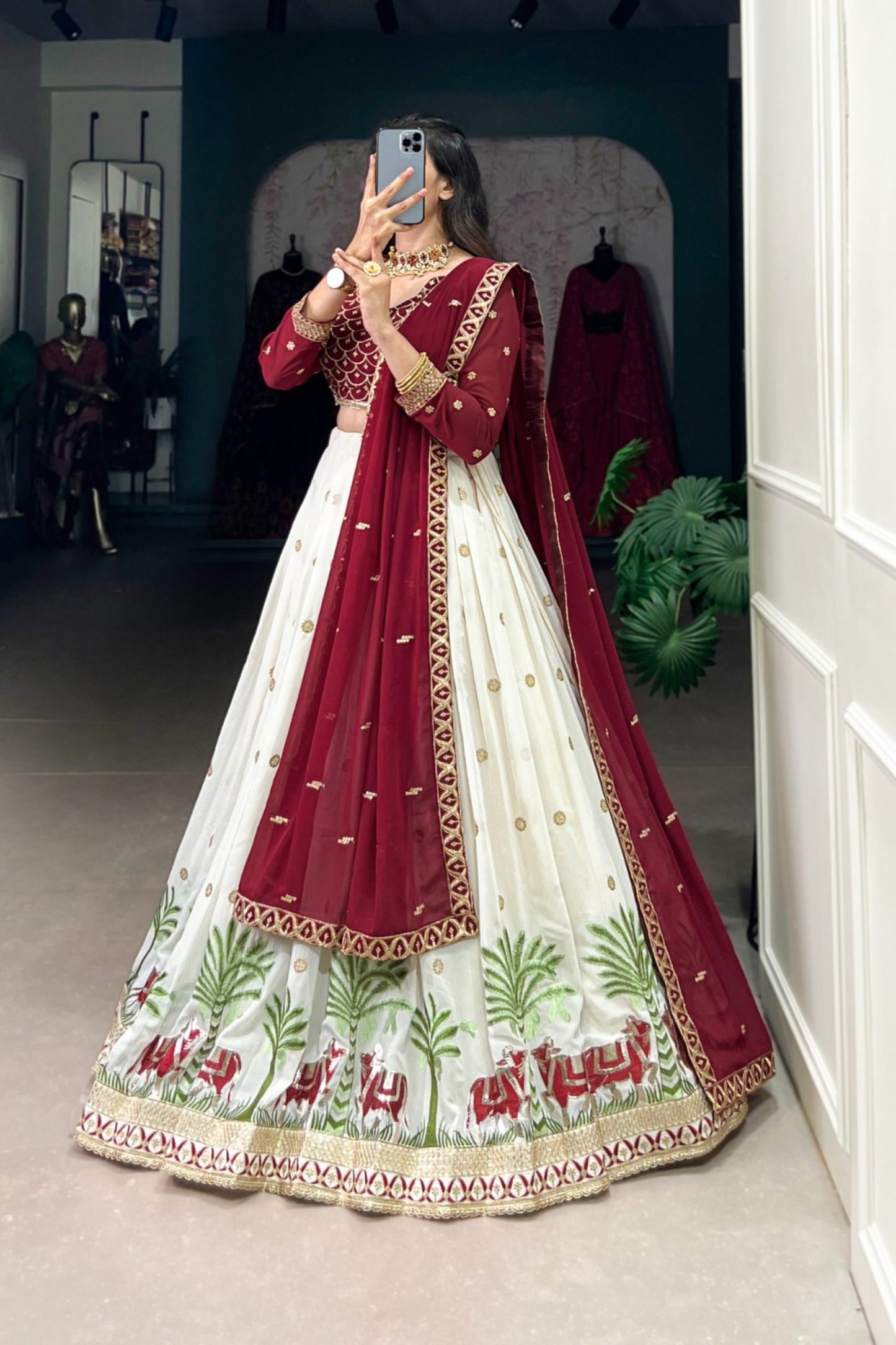 Royal Maroon & Ivory Elephant Procession Lehenga