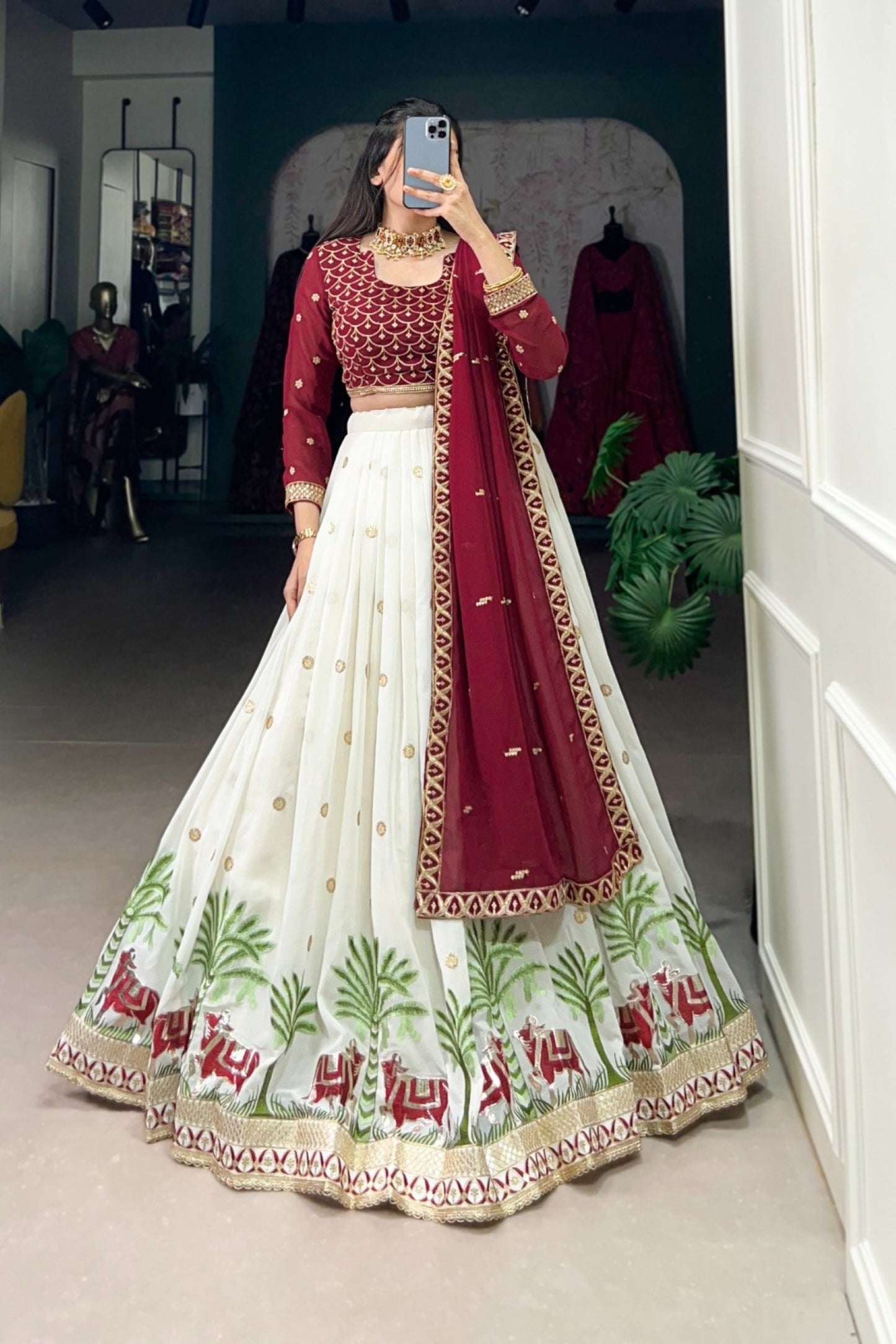 Royal Maroon & Ivory Elephant Procession Lehenga