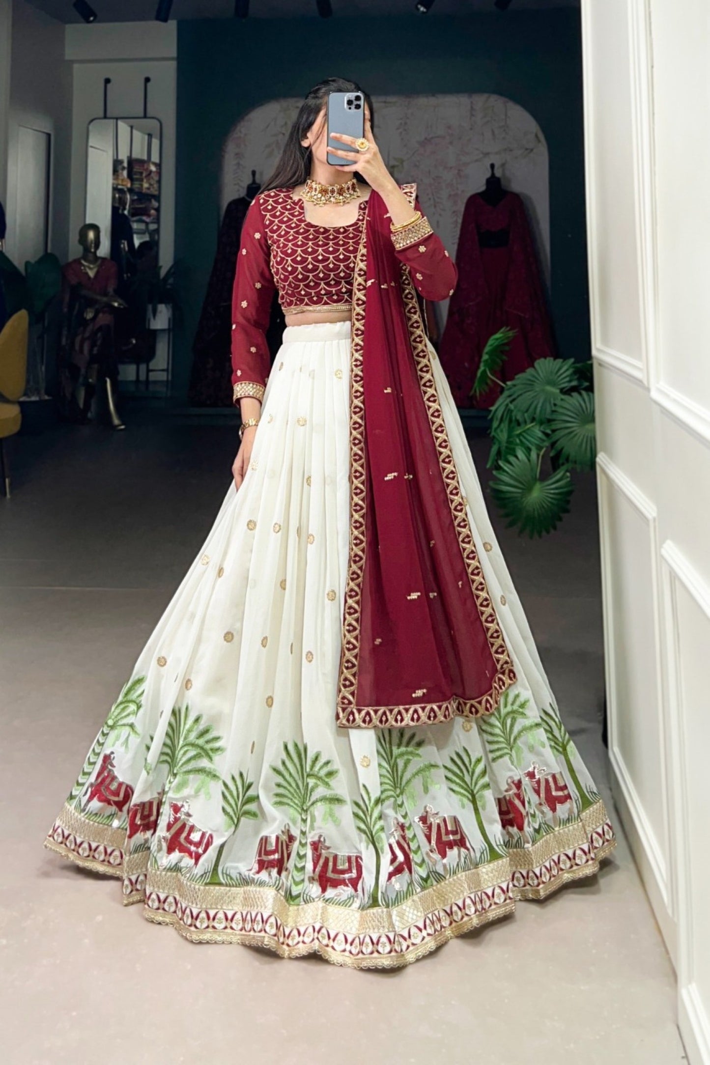 Royal Maroon & Ivory Elephant Procession Lehenga