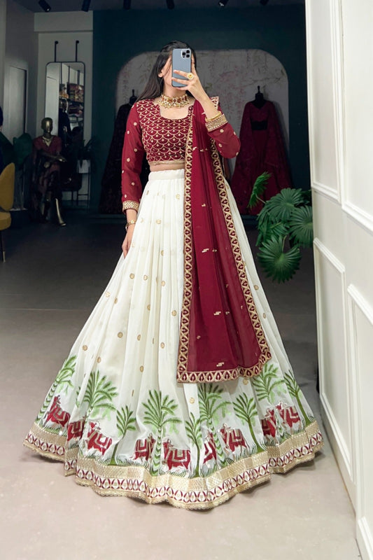 Royal Maroon & Ivory Elephant Procession Lehenga