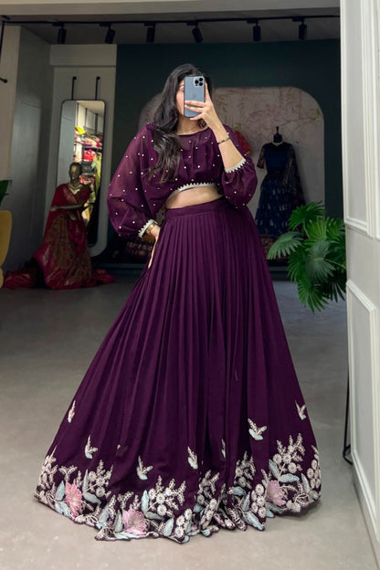Royal Plum Pearl-Studded Crop Top Pleated Lehenga