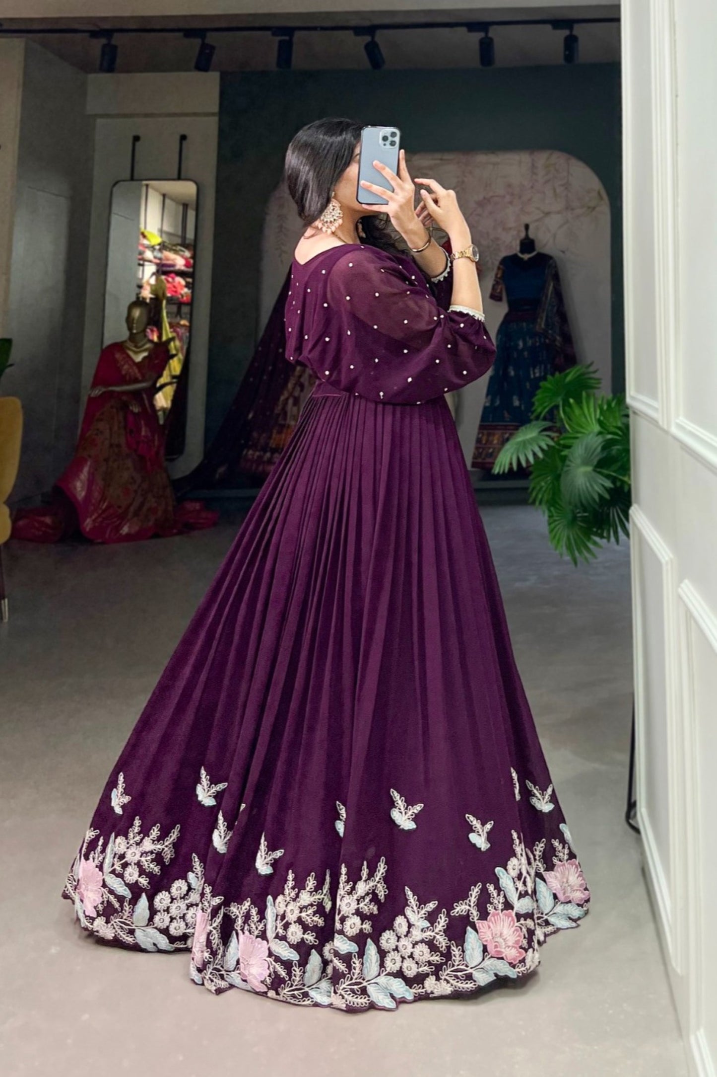 Royal Plum Pearl-Studded Crop Top Pleated Lehenga