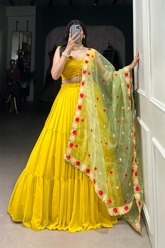 Canary Yellow Gathered Skirt with Rose-Embellished Lehenga
