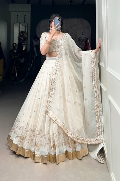 Ivory Pearl Embroidered Heritage Lehenga with Gold Border