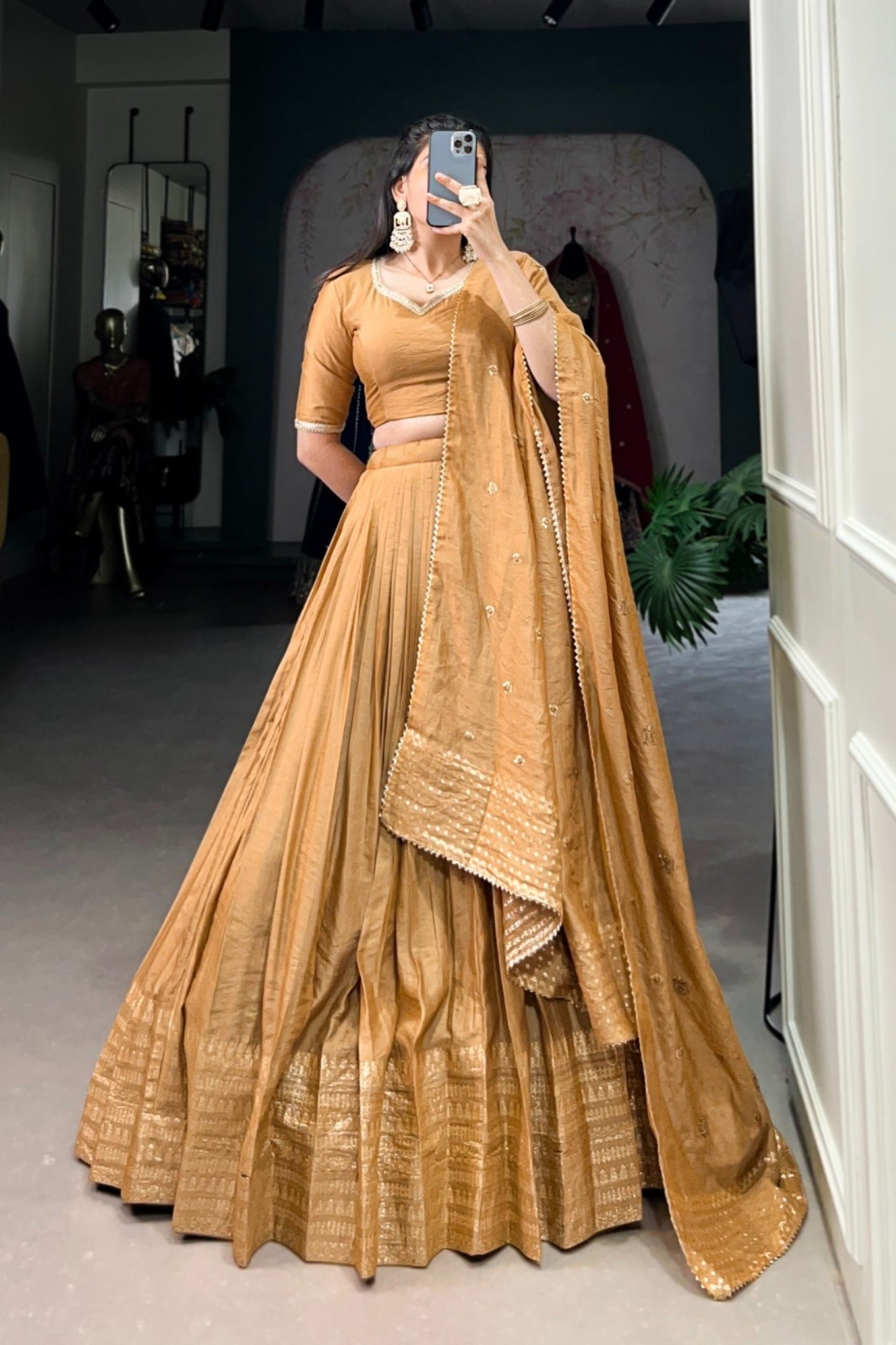 Caramel Gold Shimmer Border Pleated Lehenga Set