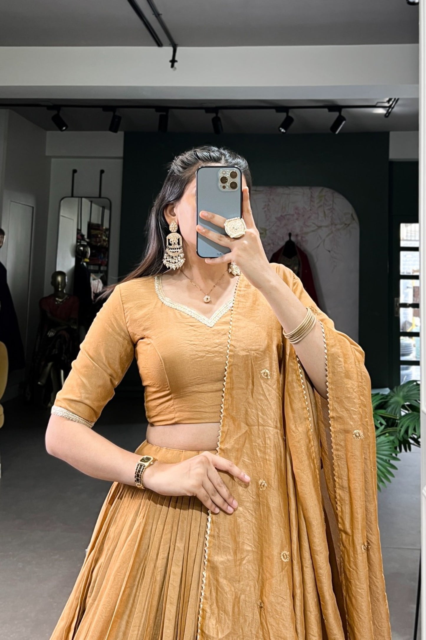 Caramel Gold Shimmer Border Pleated Lehenga Set