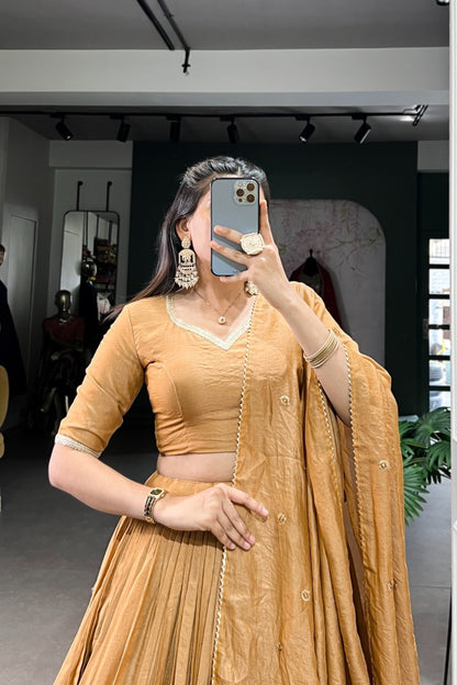 Caramel Gold Shimmer Border Pleated Lehenga Set