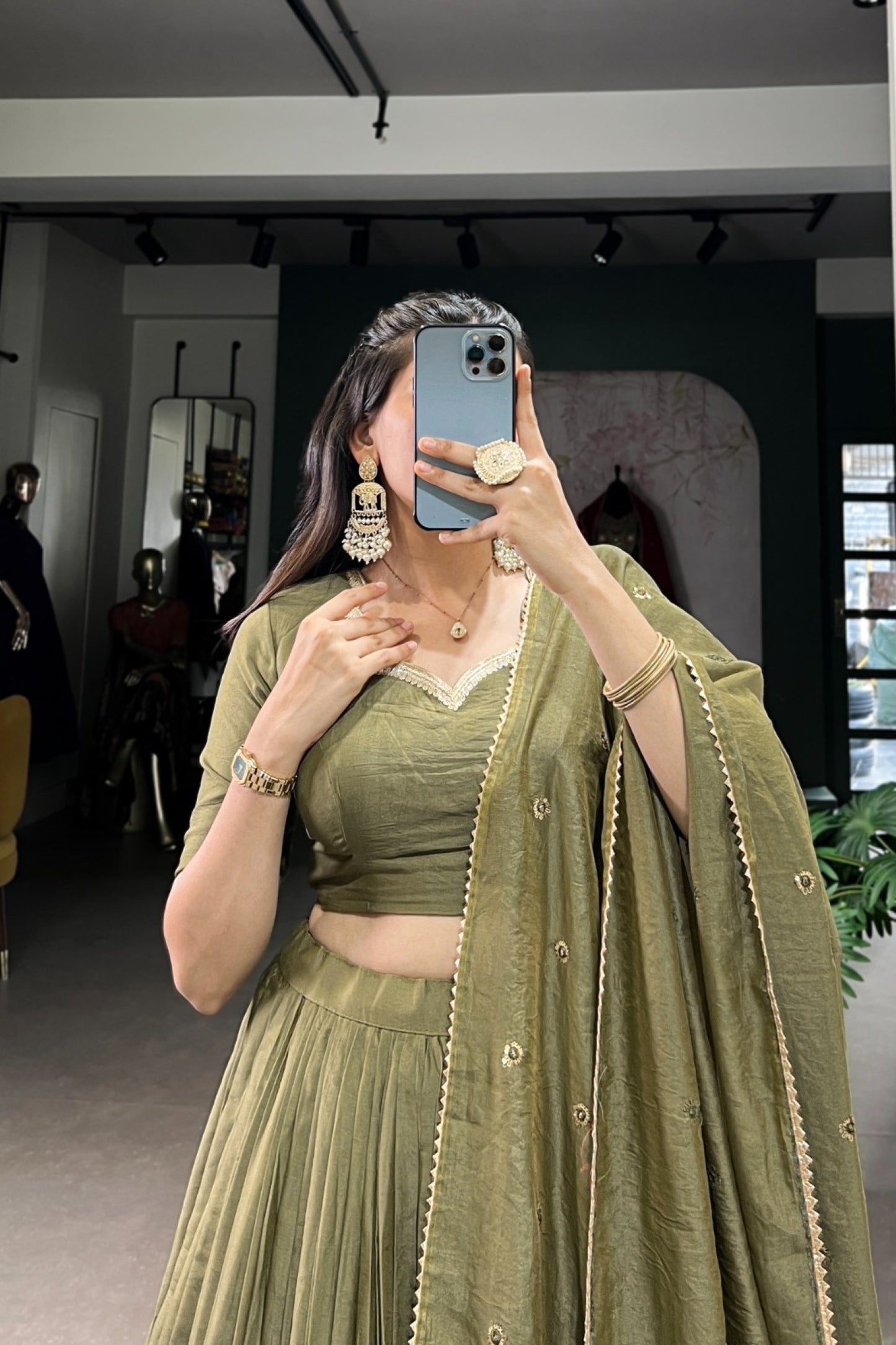 Olive Enchantment Gold-Bordered Pleated Lehenga Set