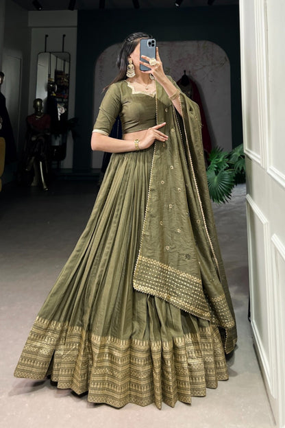 Olive Enchantment Gold-Bordered Pleated Lehenga Set