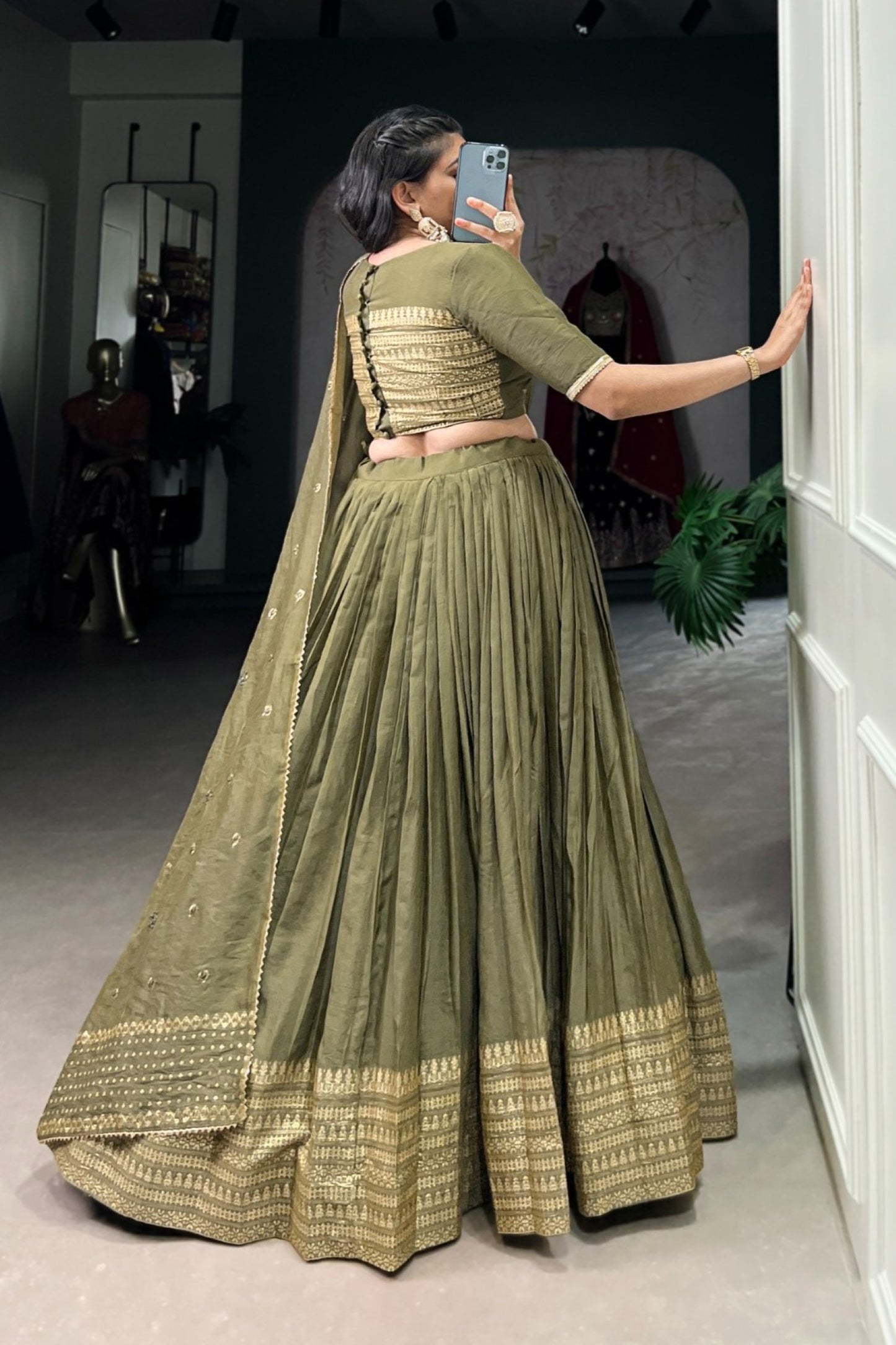 Olive Enchantment Gold-Bordered Pleated Lehenga Set