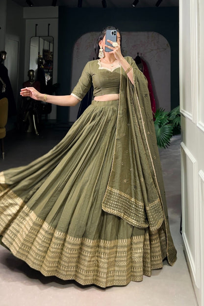 Olive Enchantment Gold-Bordered Pleated Lehenga Set