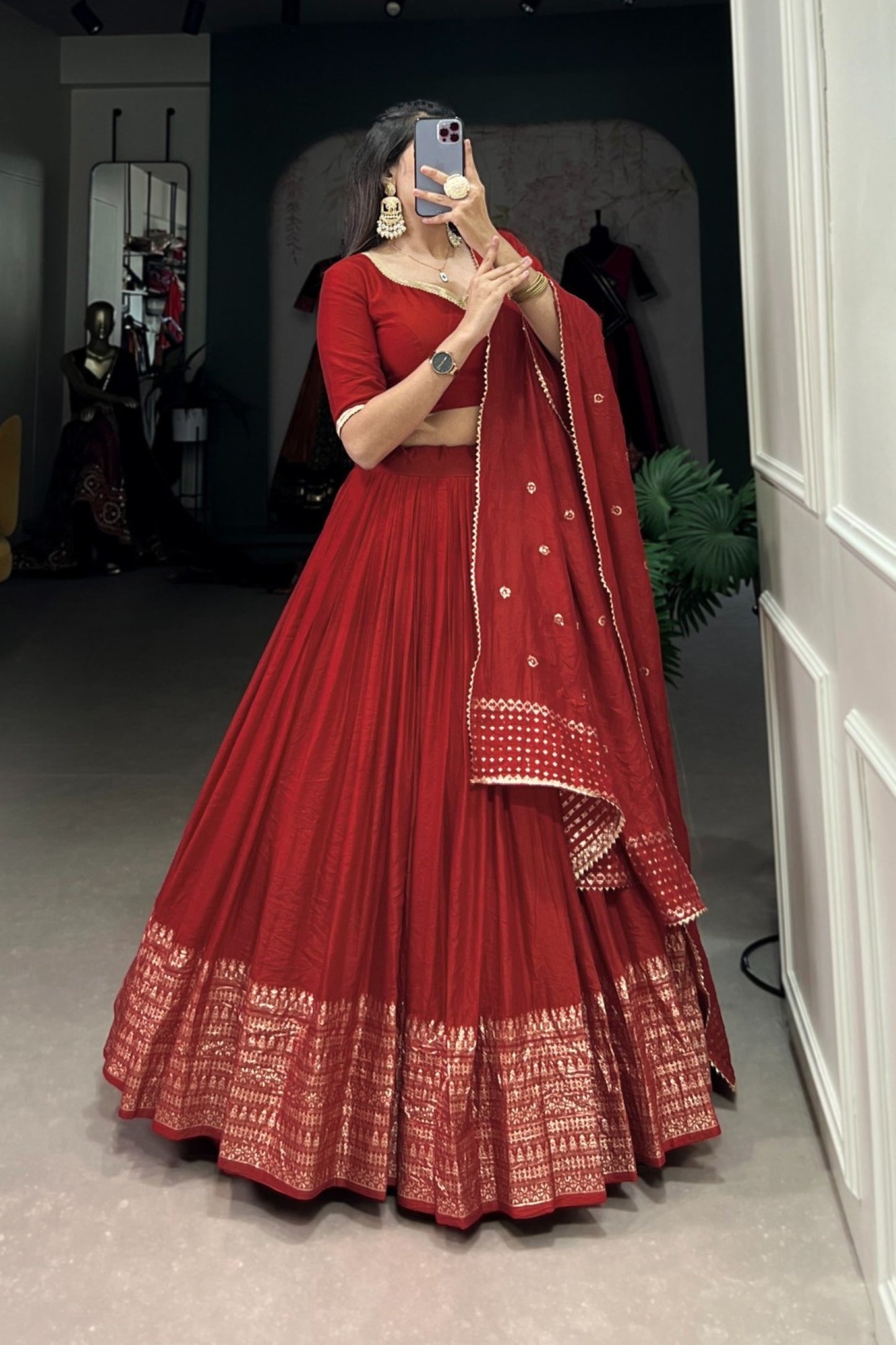Ruby Crimson Pearl-Bordered Traditional Pleated Lehenga