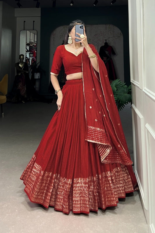 Ruby Crimson Pearl-Bordered Traditional Pleated Lehenga