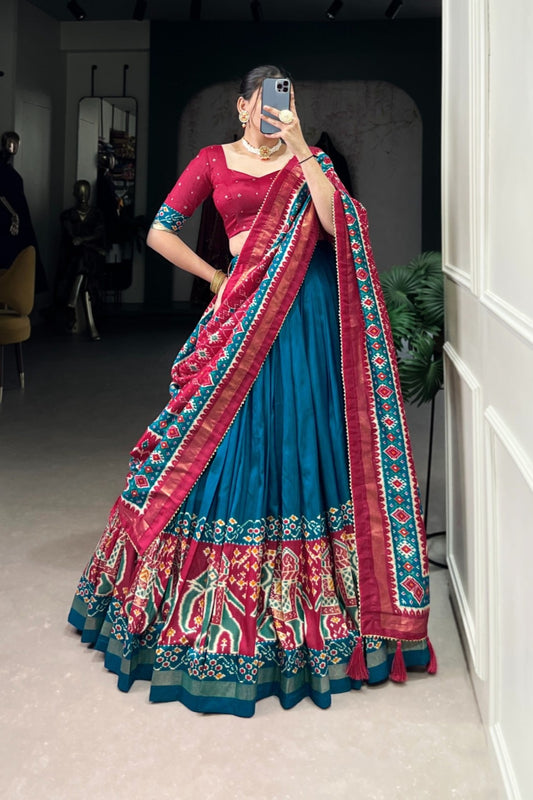 Teal Blue Patola Border Festive Lehenga