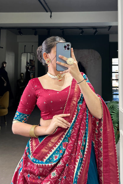 Teal Blue Patola Border Festive Lehenga