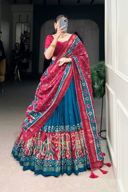 Teal Blue Patola Border Festive Lehenga