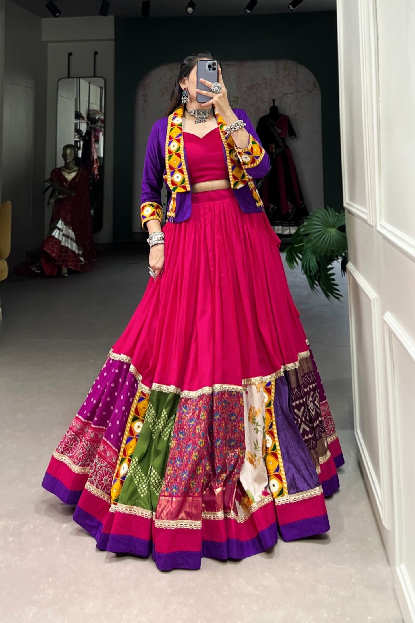 Fuchsia Patchwork Border Purple Jacket Lehenga Set