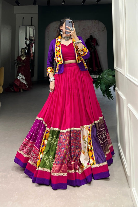 Fuchsia Patchwork Border Purple Jacket Lehenga Set