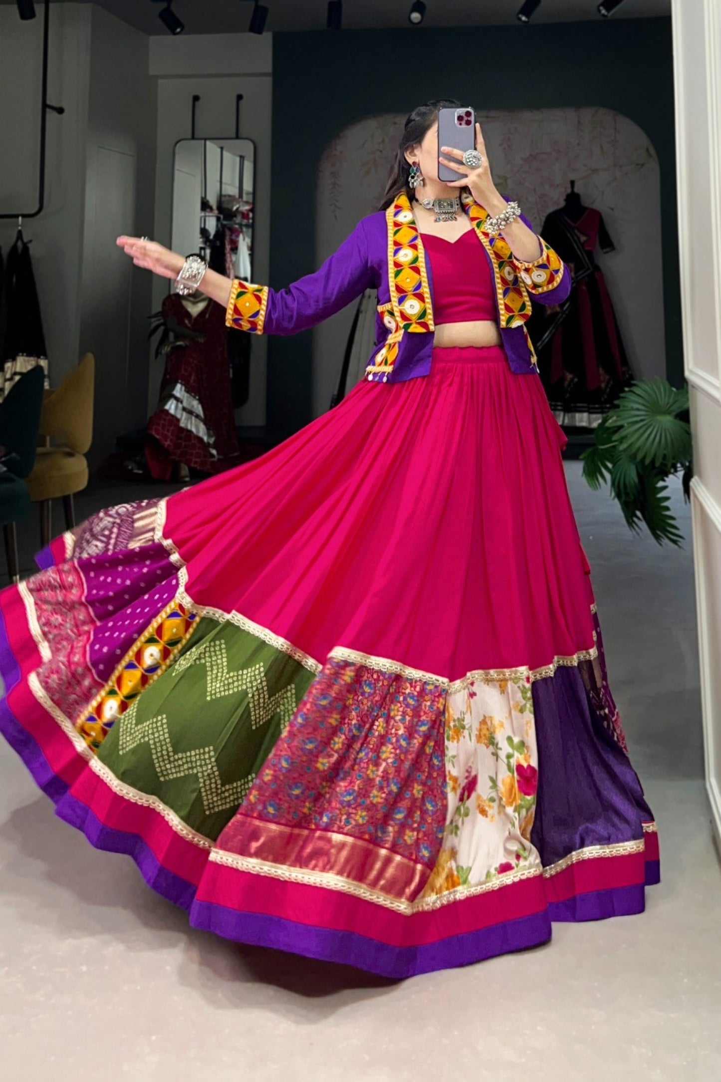 Fuchsia Patchwork Border Purple Jacket Lehenga Set