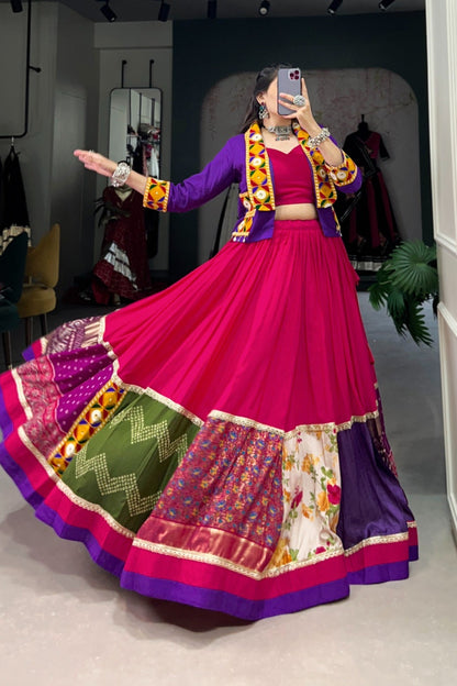 Fuchsia Patchwork Border Purple Jacket Lehenga Set