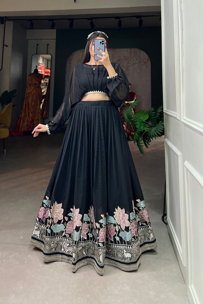 Noir Pearl-Trimmed Sheer Sleeve Floral Border Lehenga