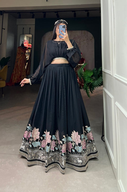 Noir Pearl-Trimmed Sheer Sleeve Floral Border Lehenga