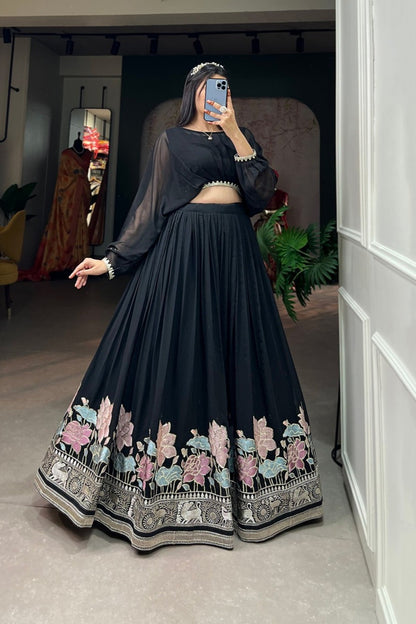 Noir Pearl-Trimmed Sheer Sleeve Floral Border Lehenga