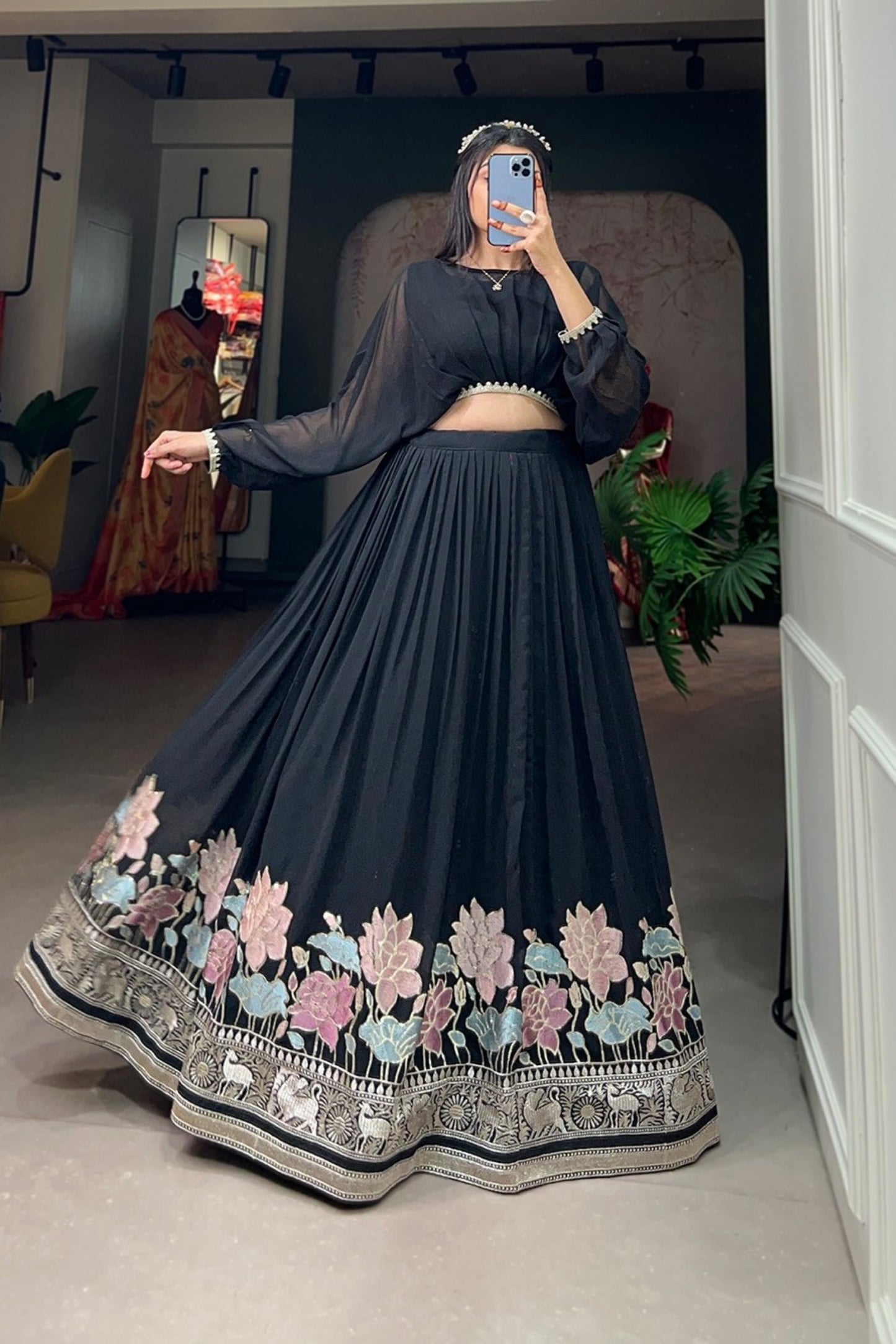 Noir Pearl-Trimmed Sheer Sleeve Floral Border Lehenga