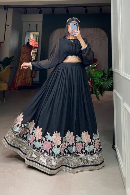Noir Pearl-Trimmed Sheer Sleeve Floral Border Lehenga