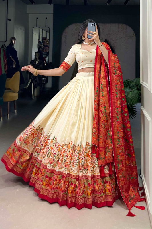Ivory Red Botanical Border Dupatta Contrast Lehenga Set
