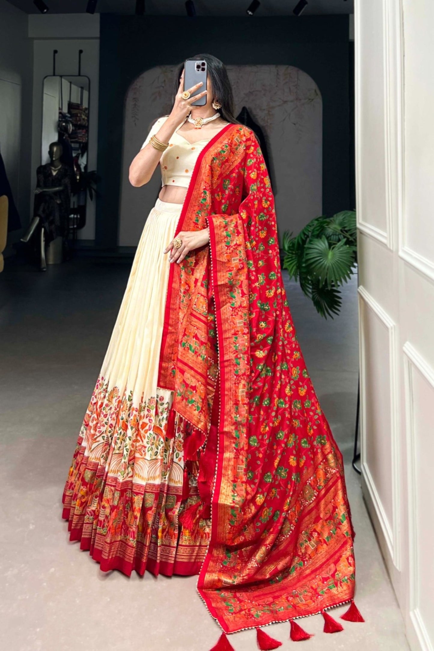 Ivory Red Botanical Border Dupatta Contrast Lehenga Set