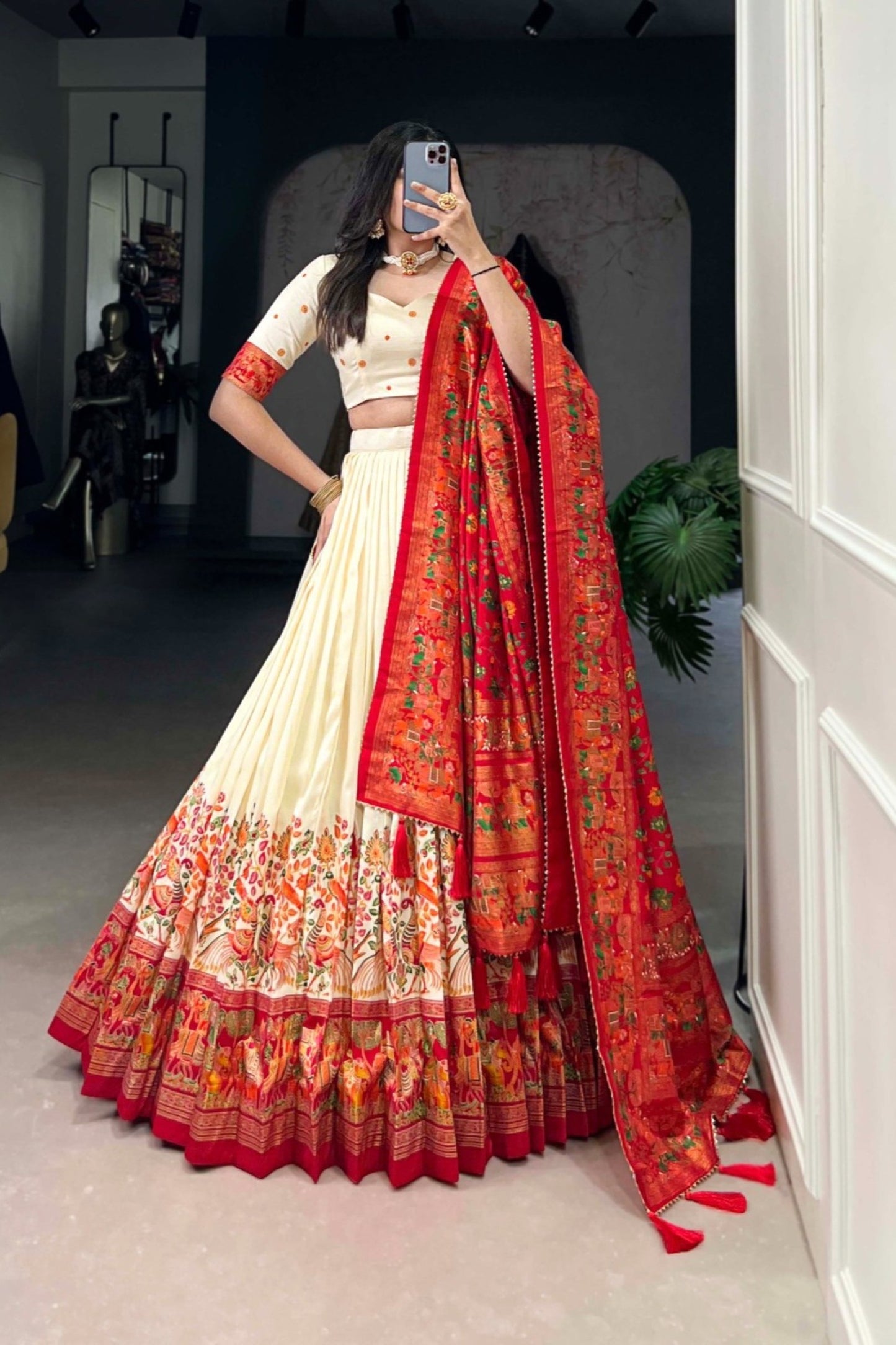 Ivory Red Botanical Border Dupatta Contrast Lehenga Set