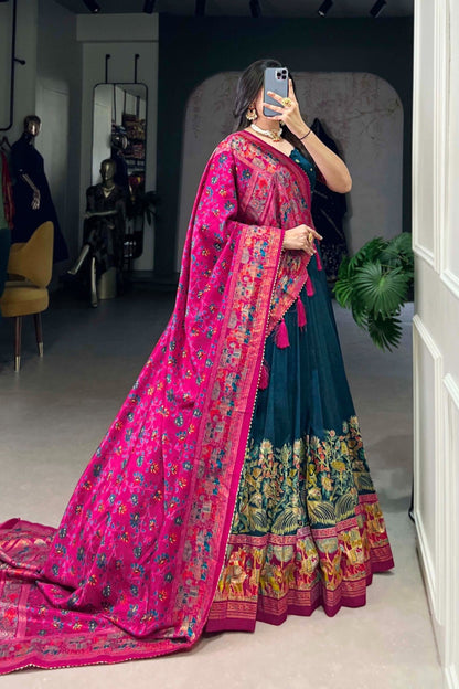 Teal Pink Fusion Floral Border Tassel Dupatta Lehenga