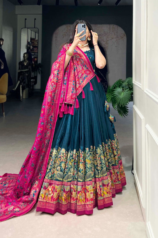 Teal Pink Fusion Floral Border Tassel Dupatta Lehenga